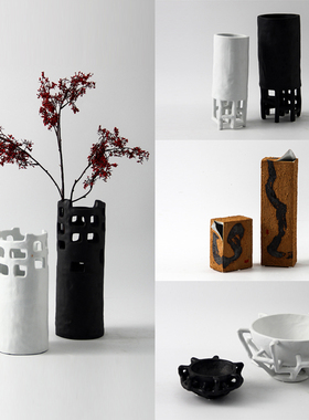 简约黑白色镂空陶瓷花瓶果盘