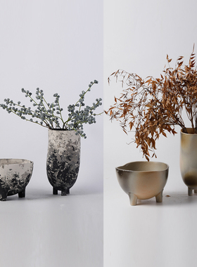 新中式复古侘寂风陶瓷三脚花瓶