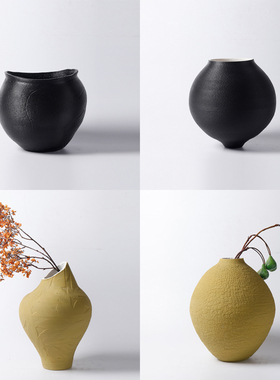 新中式陶瓷黑色花瓶摆件花器