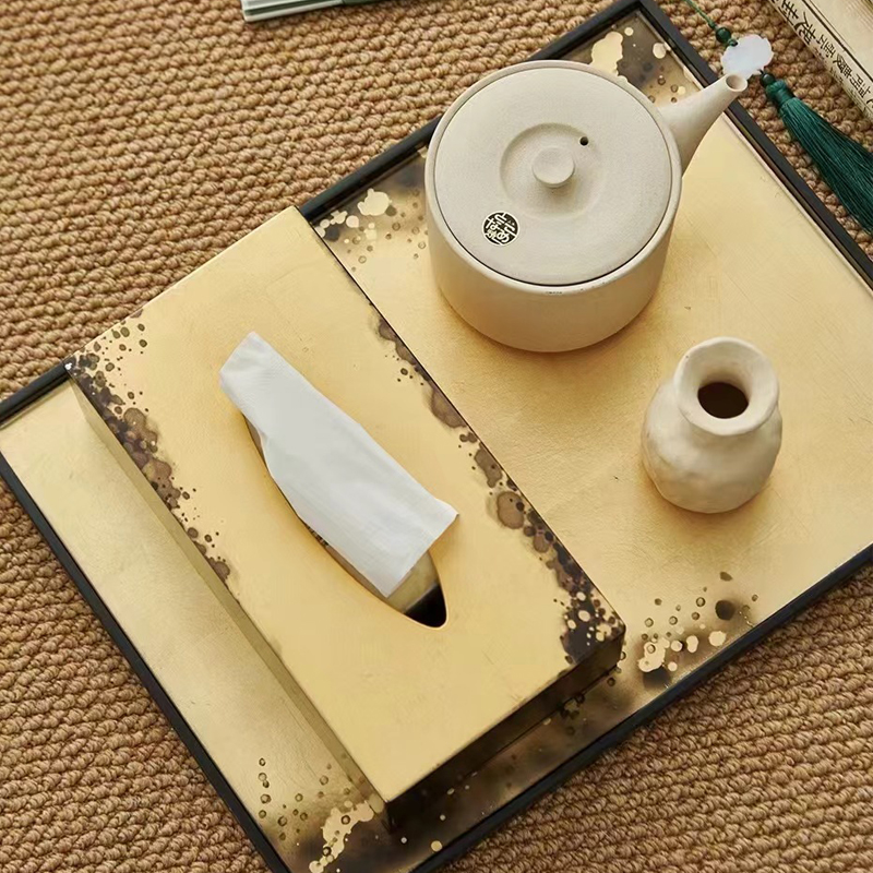 新中式黑色金箔托盘纸巾盒摆件