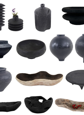 新中式碳化黑色花器花瓶摆件托盘