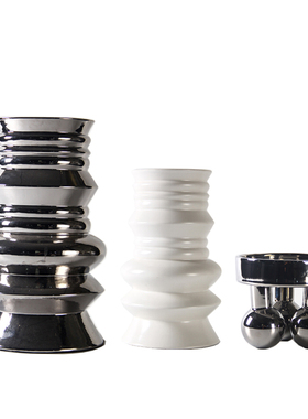 现代轻奢银色三足电镀陶瓷果盘花器摆件样板房间几何白色花瓶装饰