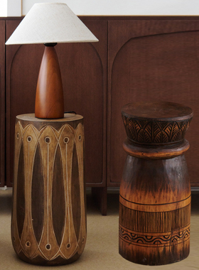 原木雕刻民族风花纹凳子边几摆件