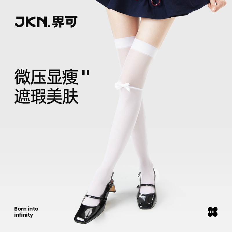 JKN白色蝴蝶结过膝袜女夏薄款
