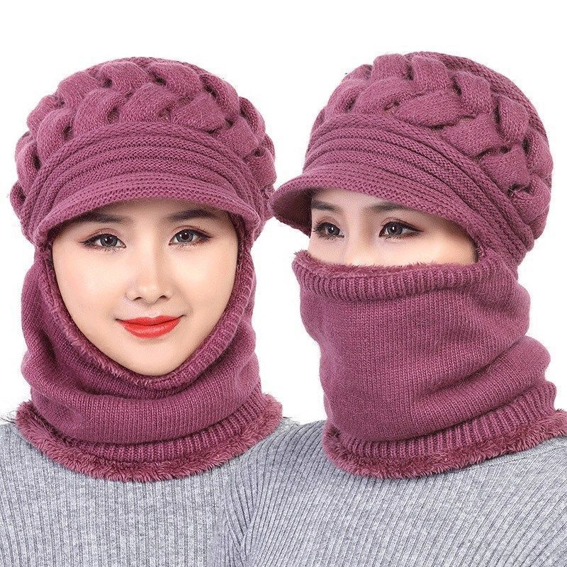 帽子女中老年人冬季毛线帽加厚加绒连体妈妈帽保暖秋冬针织帽