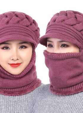帽子女中老年人冬季毛线帽加厚加绒连体妈妈帽保暖秋冬针织帽