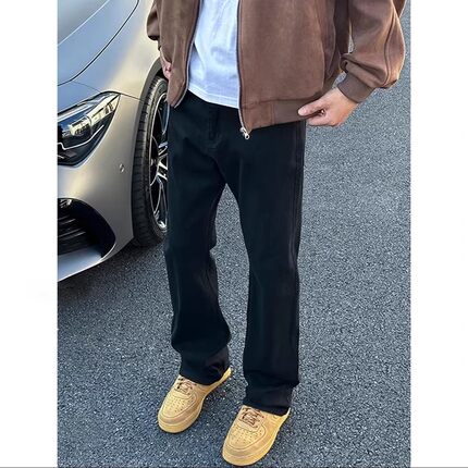 黑色修身弹力弯刀牛仔裤男款秋冬加绒美式高街vibe裤子直筒微喇裤