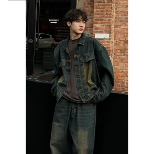 痞帅机车飞行夹克 牛仔外套男水洗高级感男短款 美式 复古深蓝色工装