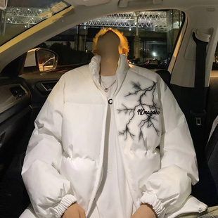 白色闪电纹羽绒棉服男款冬季加厚保暖立领情侣面包服宽松棉衣棉袄