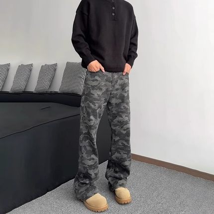 加绒迷彩裤男款秋冬美式高街hiphop伐木工装牛仔裤潮牌微喇弯刀裤