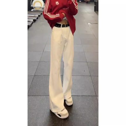 纯白色加绒牛仔裤男款秋冬高个子加长版裤子直筒窄版显腿长微喇裤