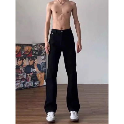 黑色高腰柳叶弯刀微喇牛仔裤男款