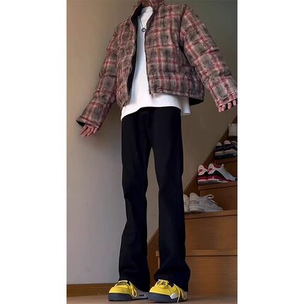 提档加绒微喇牛仔裤男款秋冬潮牌cleanfit裤子美式vibe直筒弯刀裤