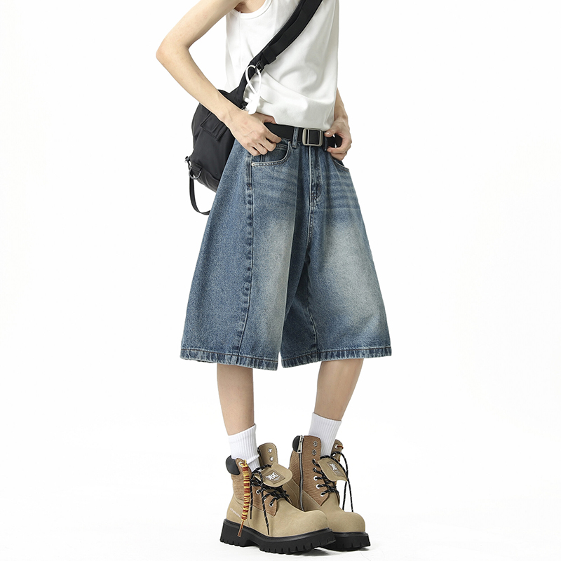 复古蓝阔腿7分牛仔中裤男款cleanfit裤子低腰美式复古短裤六分裤