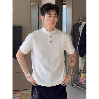 白灰色美式亨利领t恤男款夏解构