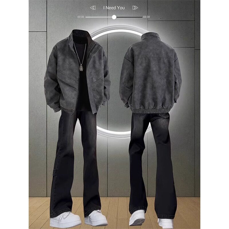 皮衣外套男生开春穿搭一整套装美式vibe痞帅机车夹克棒球服情侣装