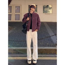 白色加绒牛仔裤秋冬男款显瘦cleanfit裤子美式高街vibe弯刀直筒裤