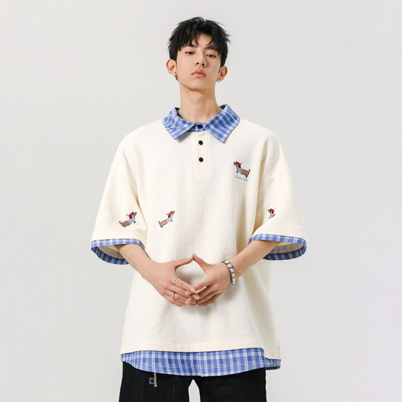 美式小狗刺绣格子POLO领短袖T恤