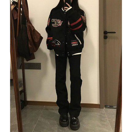黑色弹力微喇牛仔裤男款秋冬加绒裤子美式高街vibe显瘦窄版弯刀裤