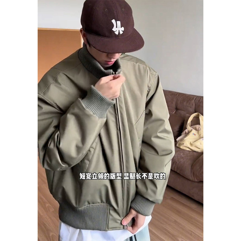 军绿色短款bomber夹克棉服男冬季