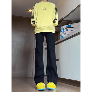 黑色高弹弯刀牛仔裤男款秋冬加绒cleanfit裤子高街美式窄版微喇裤