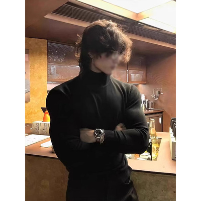 黑色半高领德绒打底衫男款秋冬