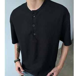 黑色华夫格亨利衫短袖男款夏季美式高街重磅t恤小领口健身半截袖