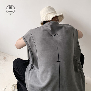 t恤设计感小众 宽松健身运动坎肩无袖 美式 麂皮绒假两件背心男夏季