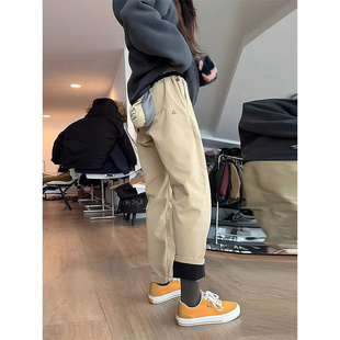 卡其色加绒软壳冲锋裤男款秋冬防水美式三角标裤子运动登山工装裤