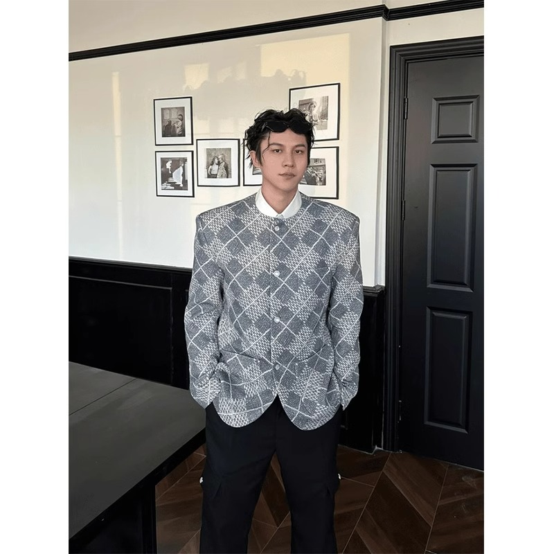 韩系菱格提花小香风外套男春痞帅