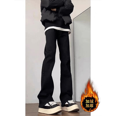 黑色高腰直筒牛仔裤男加绒