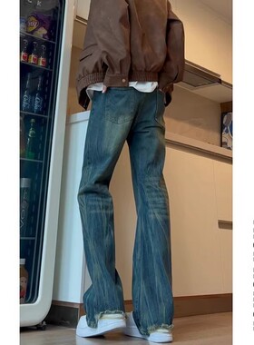 美式复古水洗做旧蓝色竹节纹牛仔裤男生高级感穿搭高个子微喇裤潮