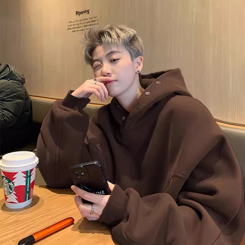 vintage棕色美式高街重磅卫衣男