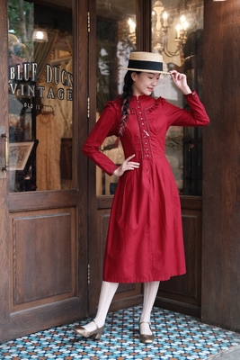 vintage巴伐利亚传统dirndl木耳边波尔多红丝绒边碎花连衣裙古着