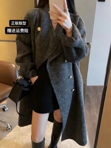 立领温柔灰色羊绒双面呢子大衣女2023新款秋冬加厚羊毛呢外套