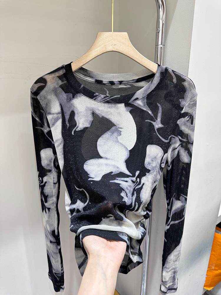 外贸折扣女装清仓特价小众设计感扎染水墨画网纱薄款防晒显瘦上衣