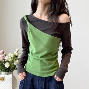慵懒上衣 斜领露肩T恤女春季 大码 微胖今年流行漂亮绿色假两件长袖