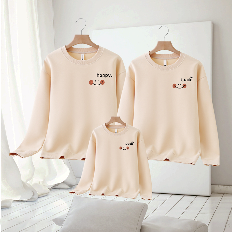 happy笑脸印制logo亲子装一家三口长袖母女装2024秋冬家庭装卫衣