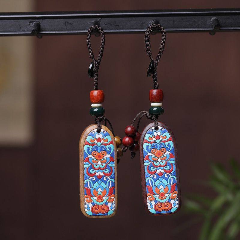 国风彩绘紫檀木无事牌汽车钥匙扣吊坠绿檀潮男女包包挂件饰品