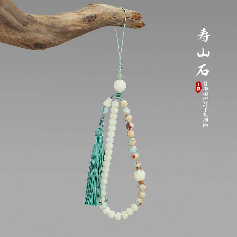 中国风寿山石手机链挂件白玉菩提短款手腕绳个性创意挂绳饰品复古