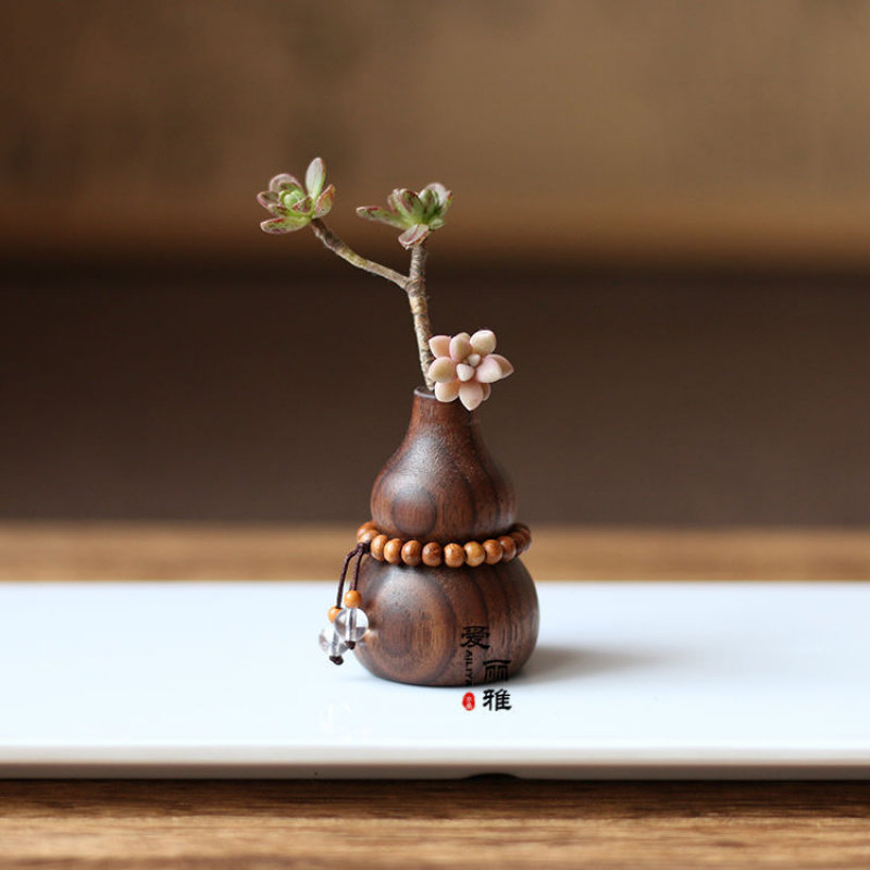 车载胡桃木迷你葫芦装饰摆件创意桌面干花小花器实木花插扩香器