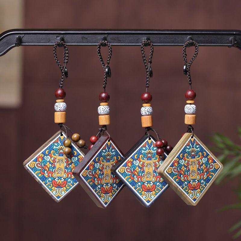 紫檀木国潮彩绘无事牌汽车包包钥匙扣挂件情侣款文玩挂饰吊坠