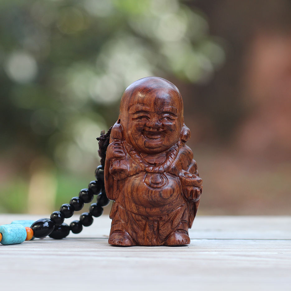天然老挝黄花梨木雕手把件布袋弥勒佛手工雕刻工艺品木质把玩件