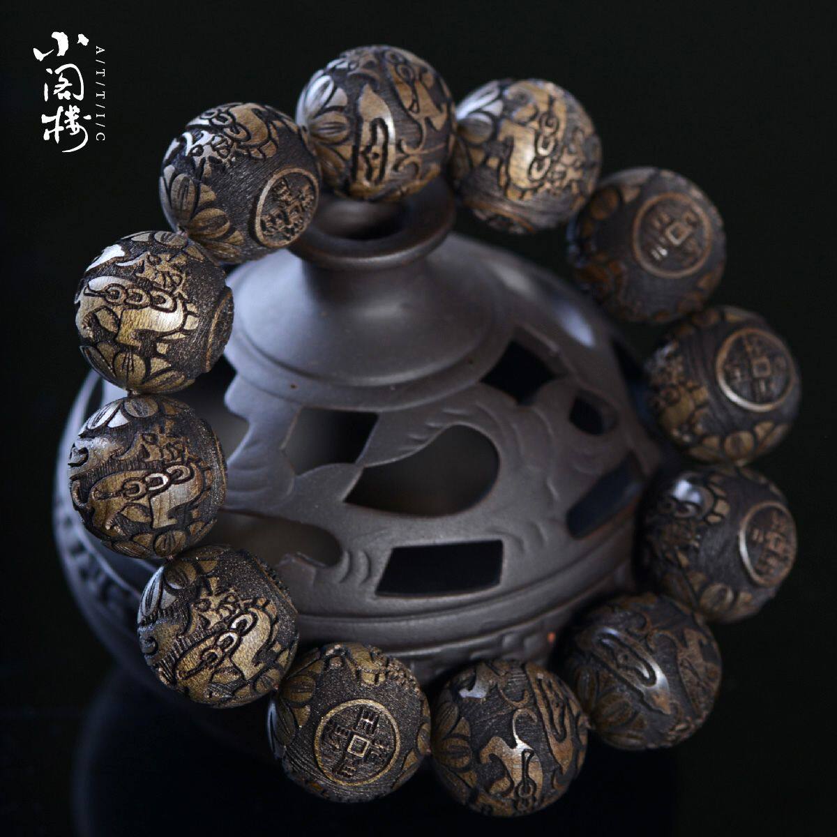 阴沉金丝楠木手串招财貔貅乌木雕刻文玩佛珠手链男20饰品老料