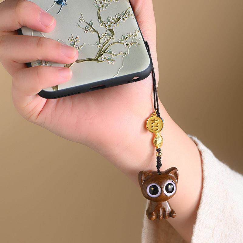 跨境星眸猫绿檀木雕钥匙扣挂件手机链生日礼物送男生女生背包挂饰