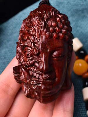 小叶紫檀善恶佛魔一念之间手把件文玩黄杨木挂件红木随身木雕佛头
