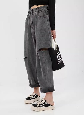 LA-7160-039梨形身材破洞牛仔裤女夏季胖mm大码高腰显瘦阔腿裤子