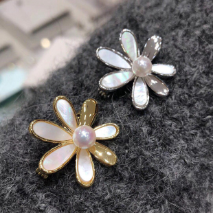 厚镀金小雏菊贝雕款 DIY配件 胸花毛衣链挂件珍珠胸针空托女半成品
