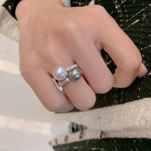 DIY配件 S925纯银时尚T方锆双珠戒指空托 可调指环手饰半成品