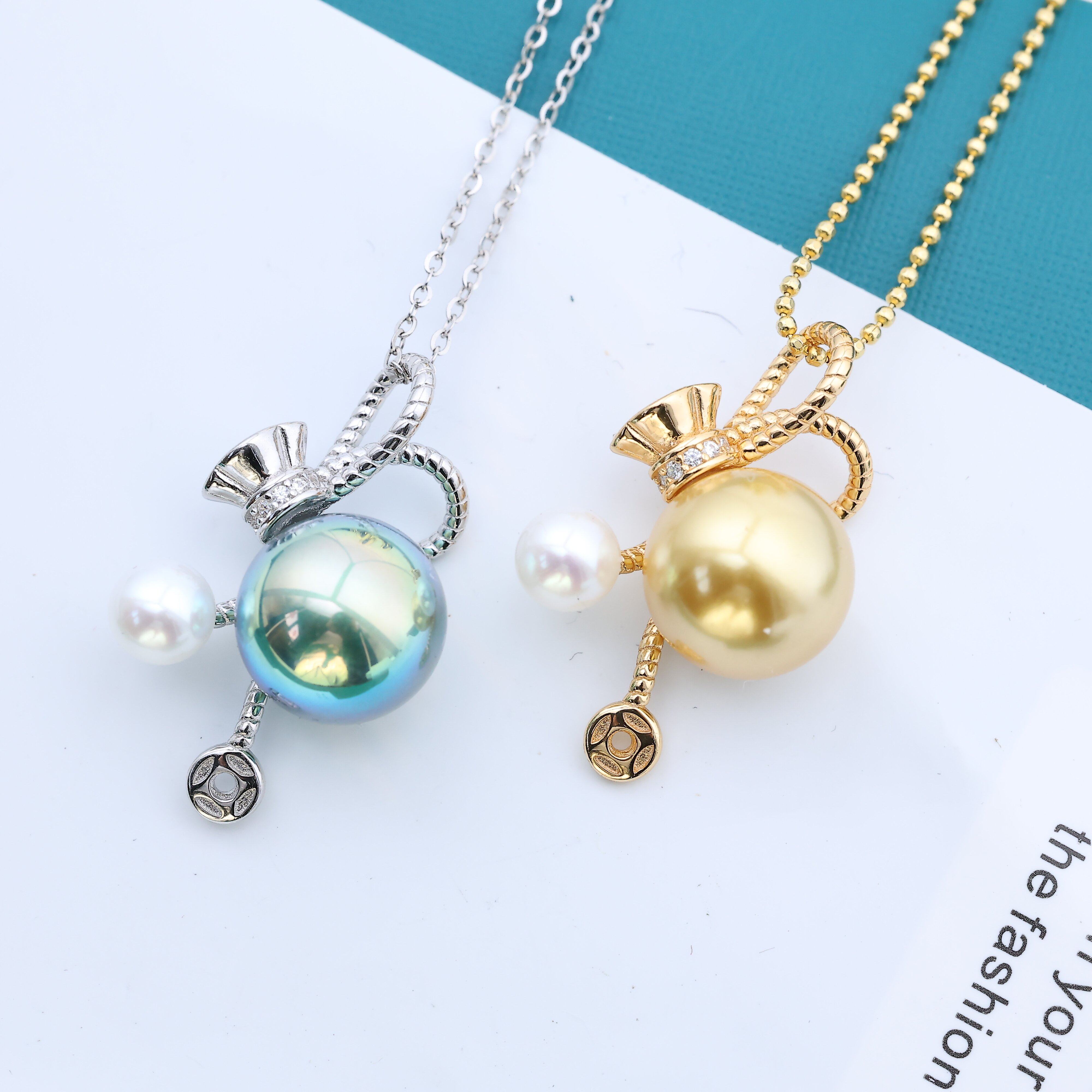 DIY配件 S925纯银可爱双珠茶壶吊坠空托 珍珠项链挂坠子托颈链坠